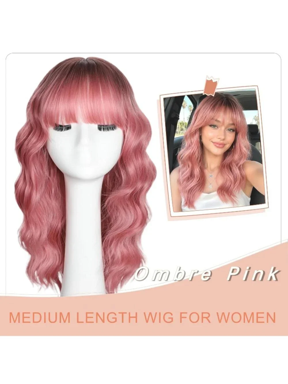 Women's Ombre Pink 16 Inch Wavy Wig Bangs Shoulder Length Synthetic Hair